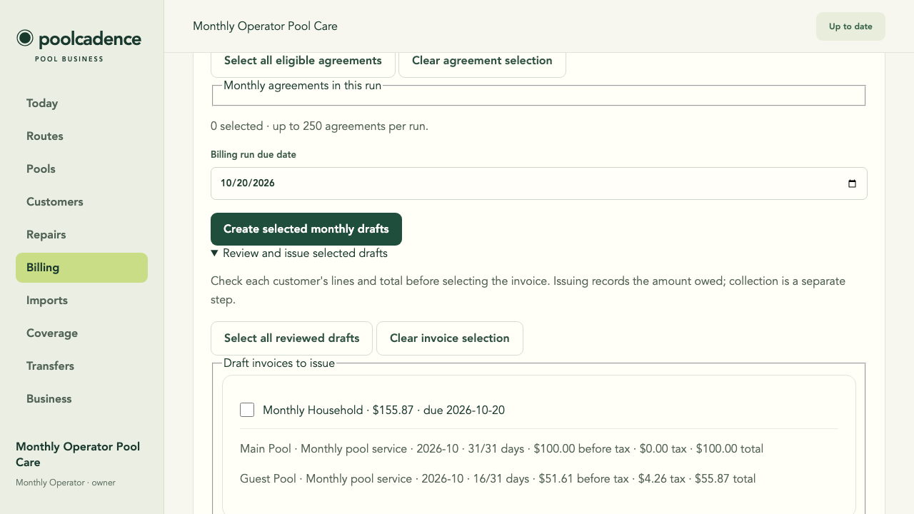 PoolCadence billing screen with reviewed monthly billing and customer balances.
