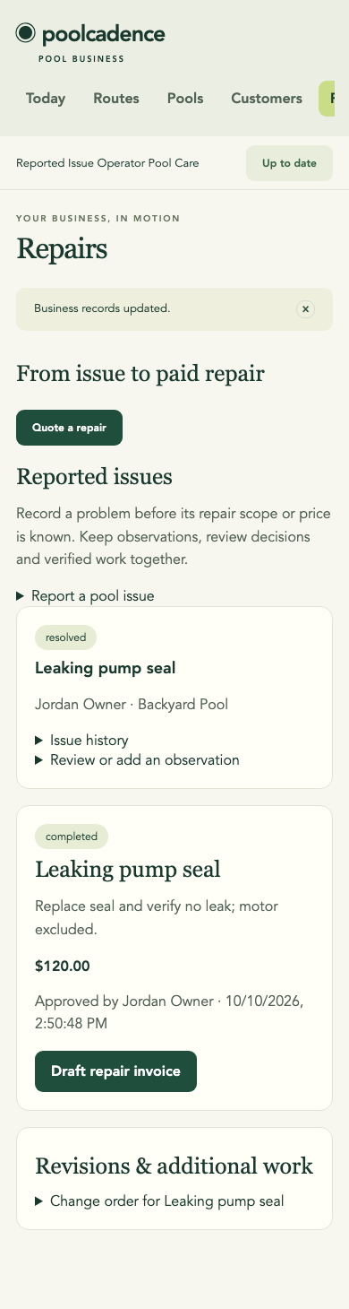 PoolCadence repair screen with a reported issue and its service history.