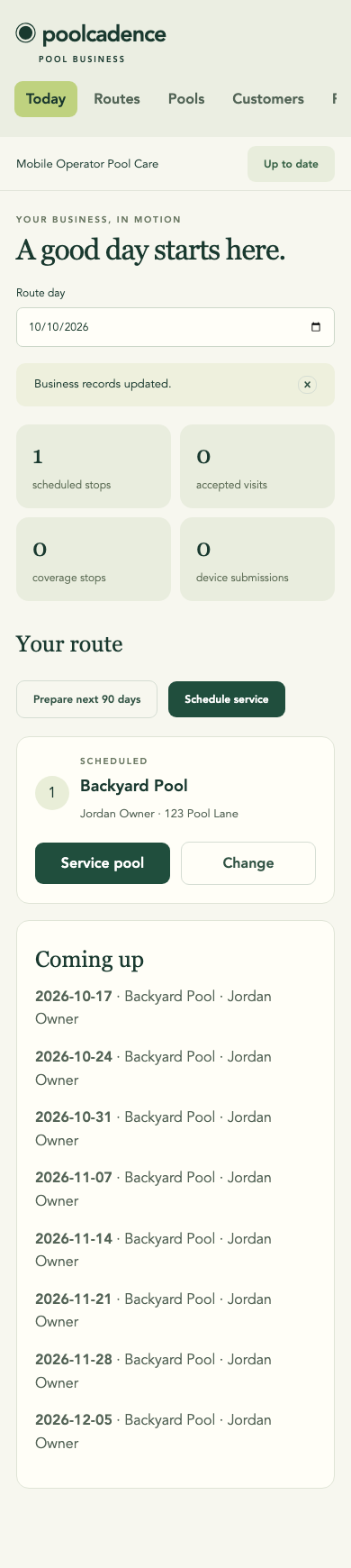 PoolCadence mobile route screen showing scheduled service and upcoming visits.